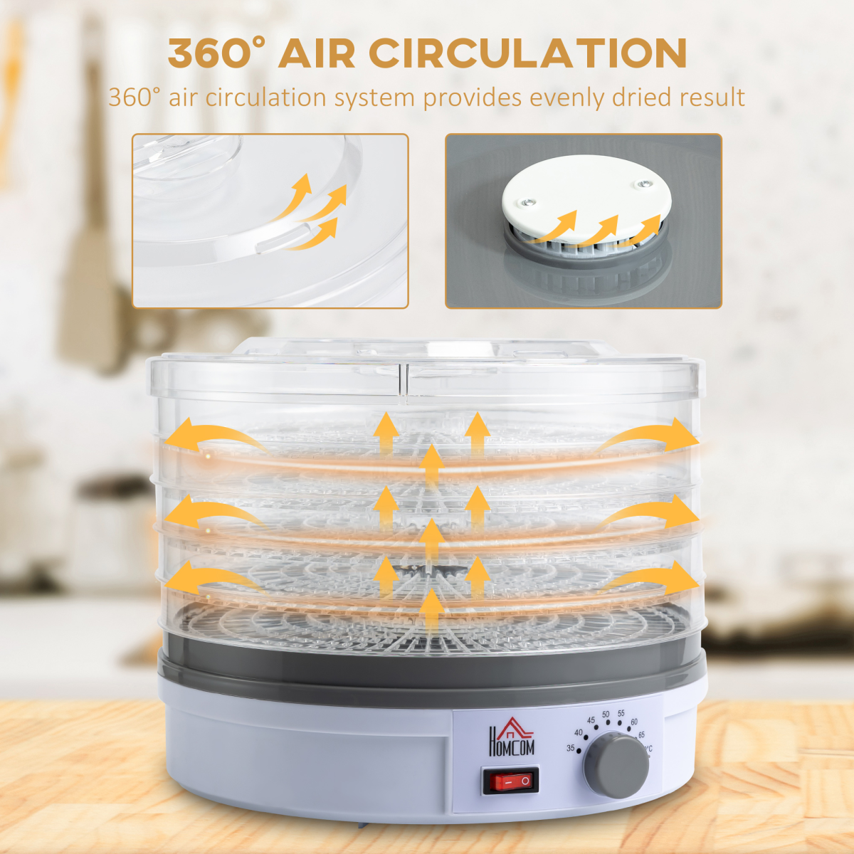 HOMCOM 5-Tier Food Dehydrator, 245W, Stainless Steel, Adjustable Temperature, Timer, White