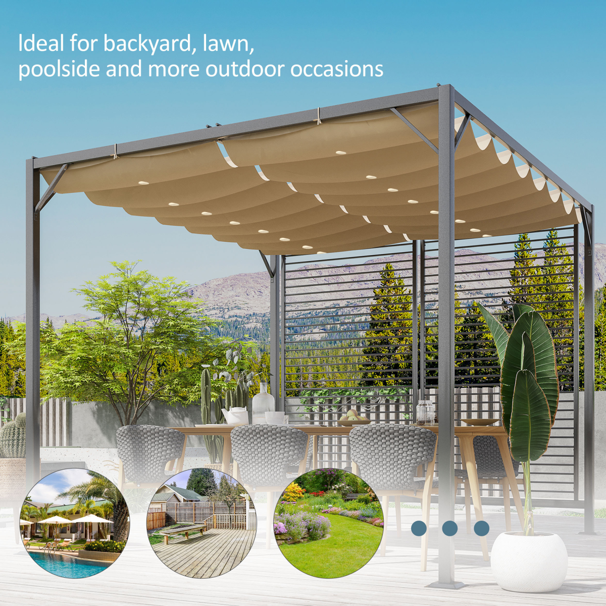 Metal Outdoor Pergola Patio Sun Shelter, Retractable Movable Canopy, PU-Coated UV and Water Resistant, Heavy-Duty Metal Frame
