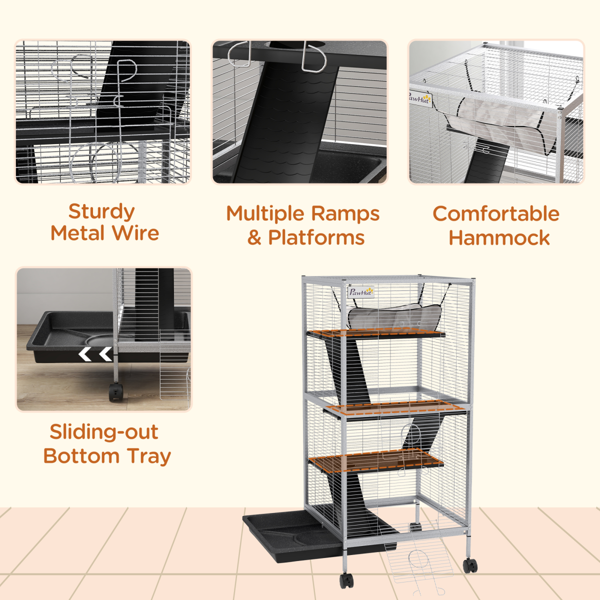 PawHut Rolling Small Animal Cage for Chinchillas, Ferrets and Kittens, Grey