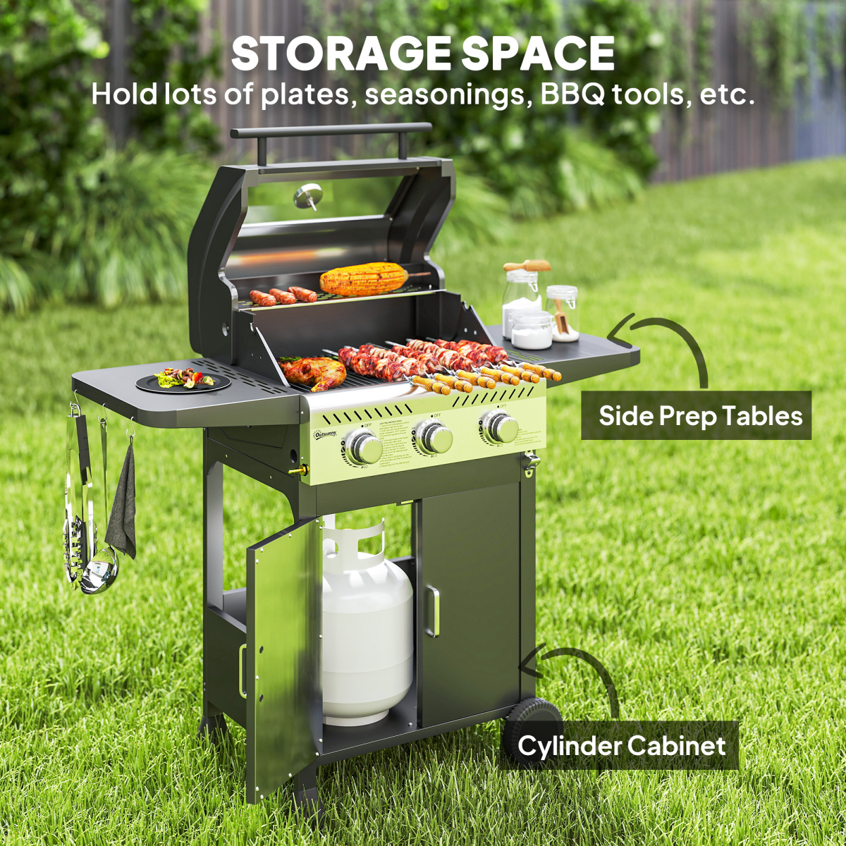 Outsunny 3-Burner Propane Gas BBQ Grill with See-Through Lid & Thermometer