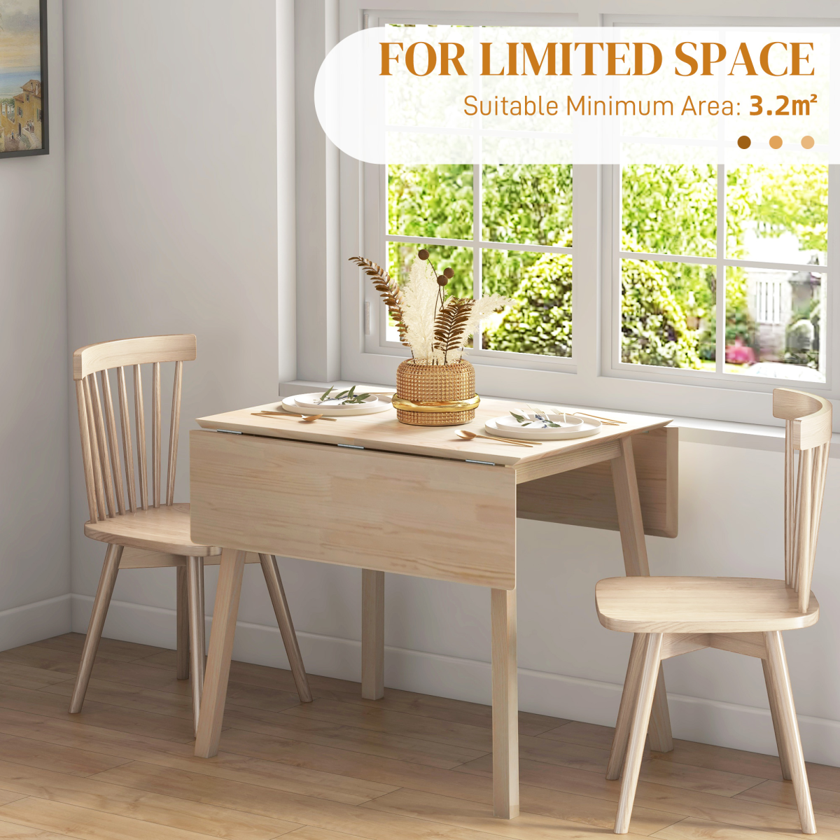 HOMCOM Extendable Pine Wood Drop Leaf Dining Table for 2-4, Natural