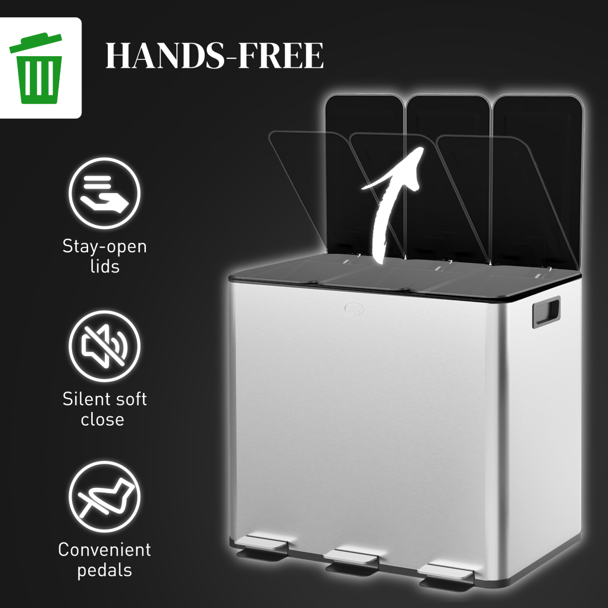 HOMCOM 45L Triple Kitchen Pedal Bin for Recycling and Waste, Silver