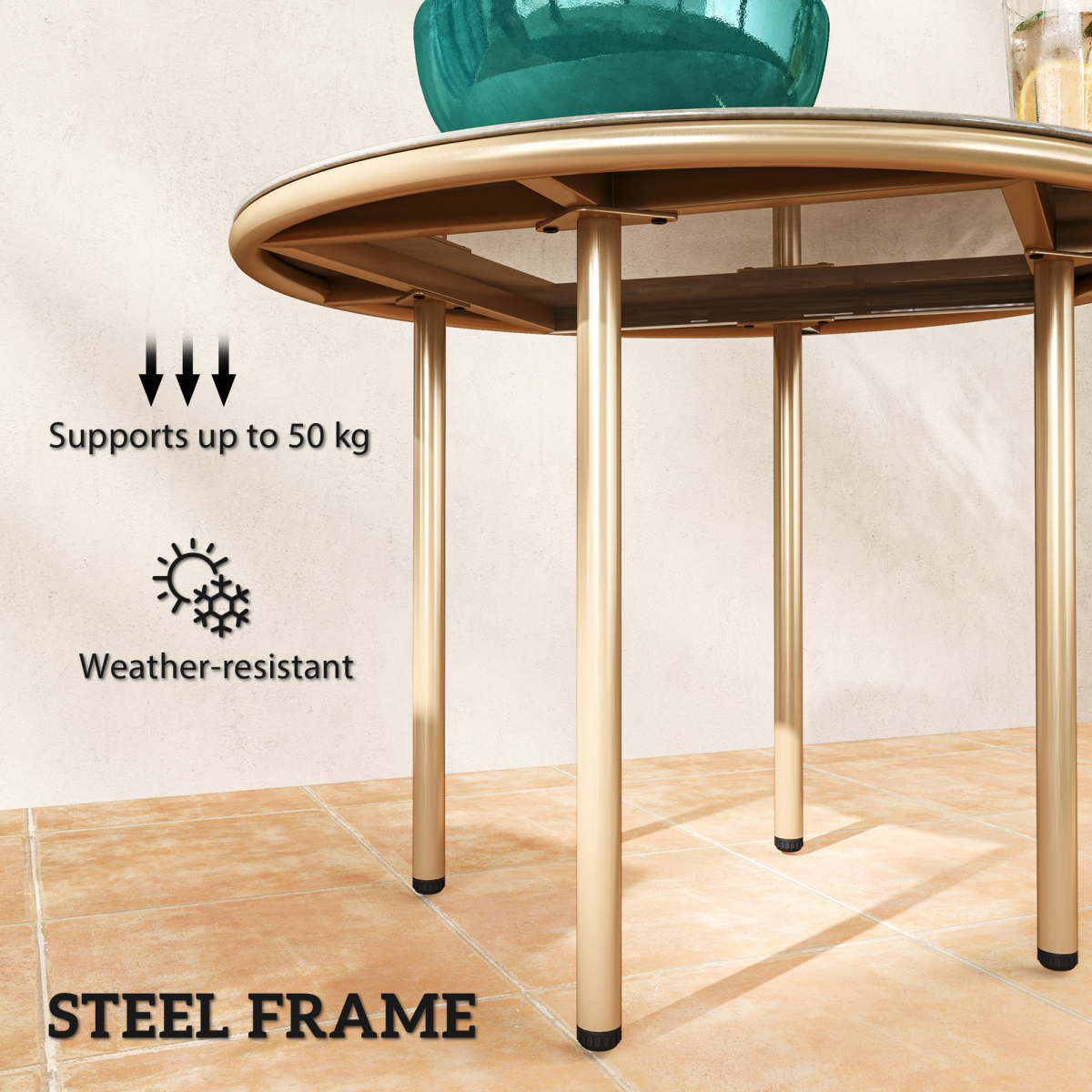 Outsunny Round Garden Table with Faux Marble Tempered Glass Top, Beige