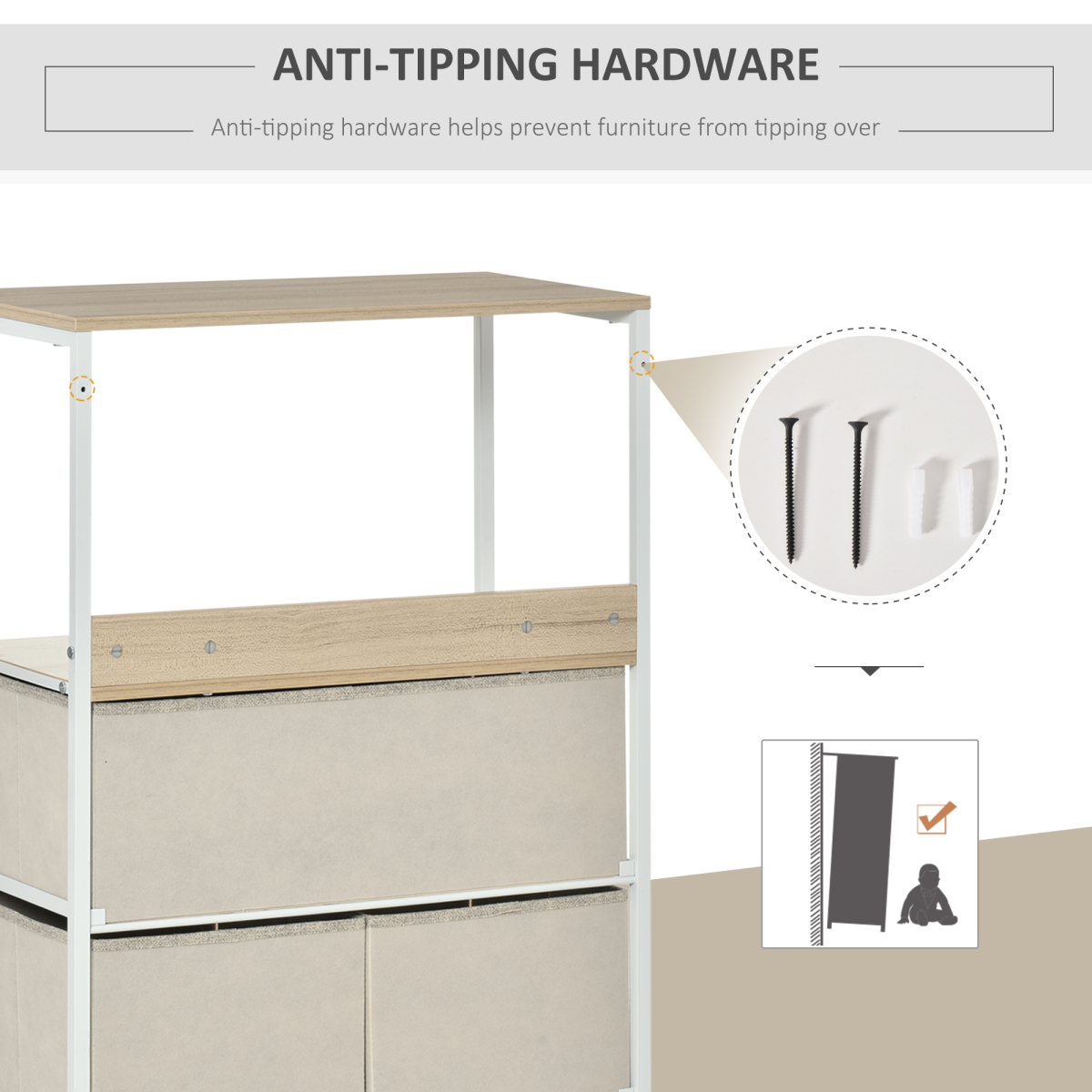 HOMCOM Chest of Drawers with 4 Fabric Bins and 2 Shelves, White