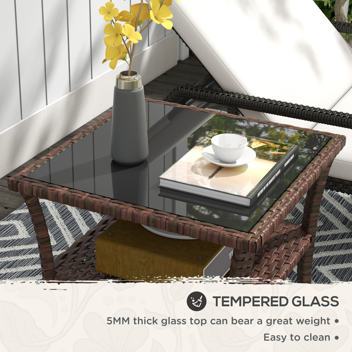 Outsunny PE Rattan Coffee Table, Two-Tier Table with Tempered Glass Top