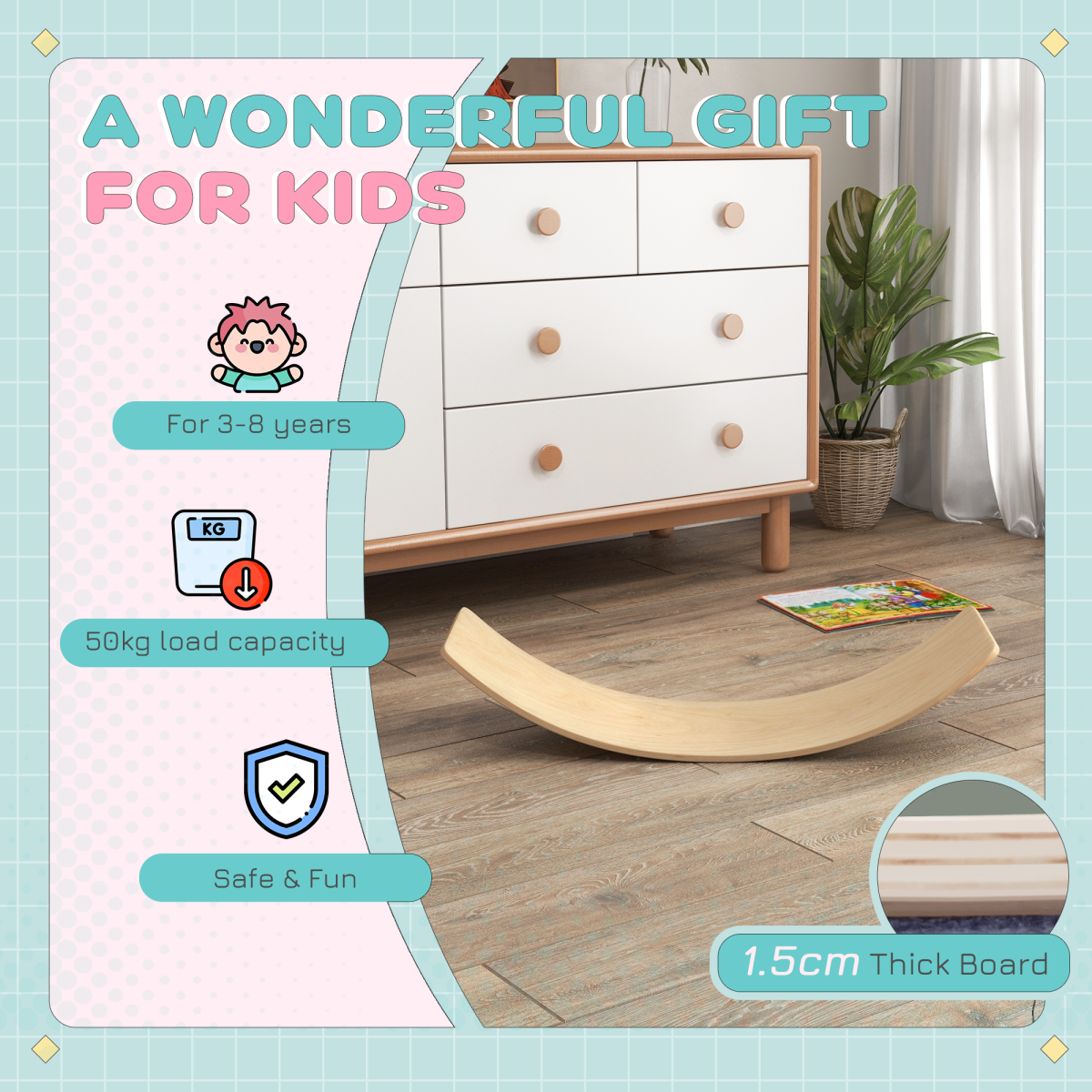 AIYAPLAY Wooden Balance Board for Kids, Ages 3-8, Natural