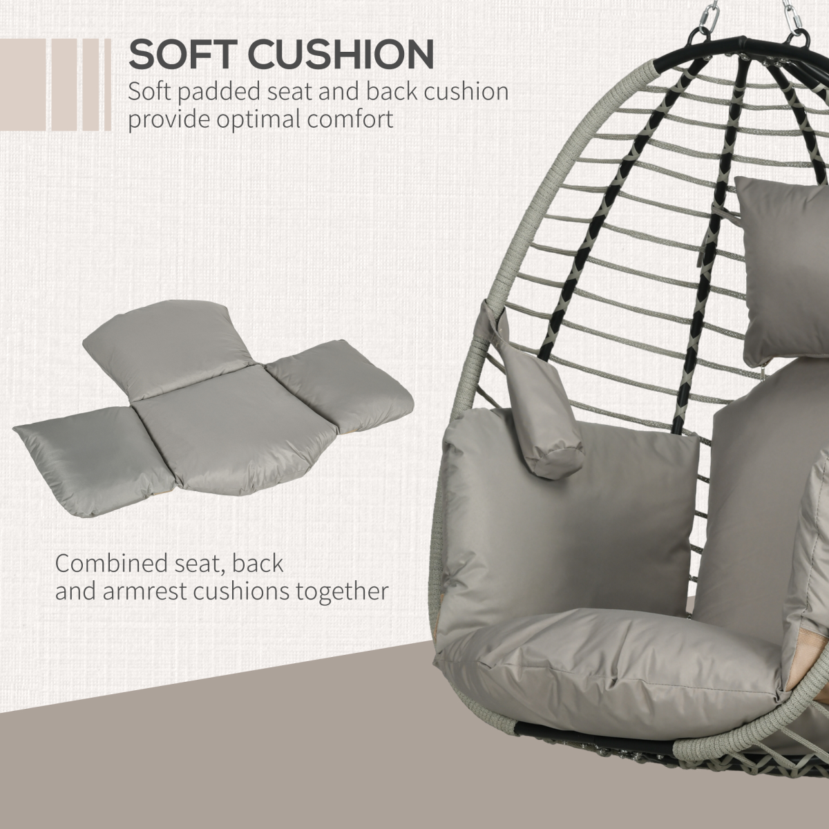 Outsunny Grey Hanging Swing Chair with Thick Cushion and Cup Holders