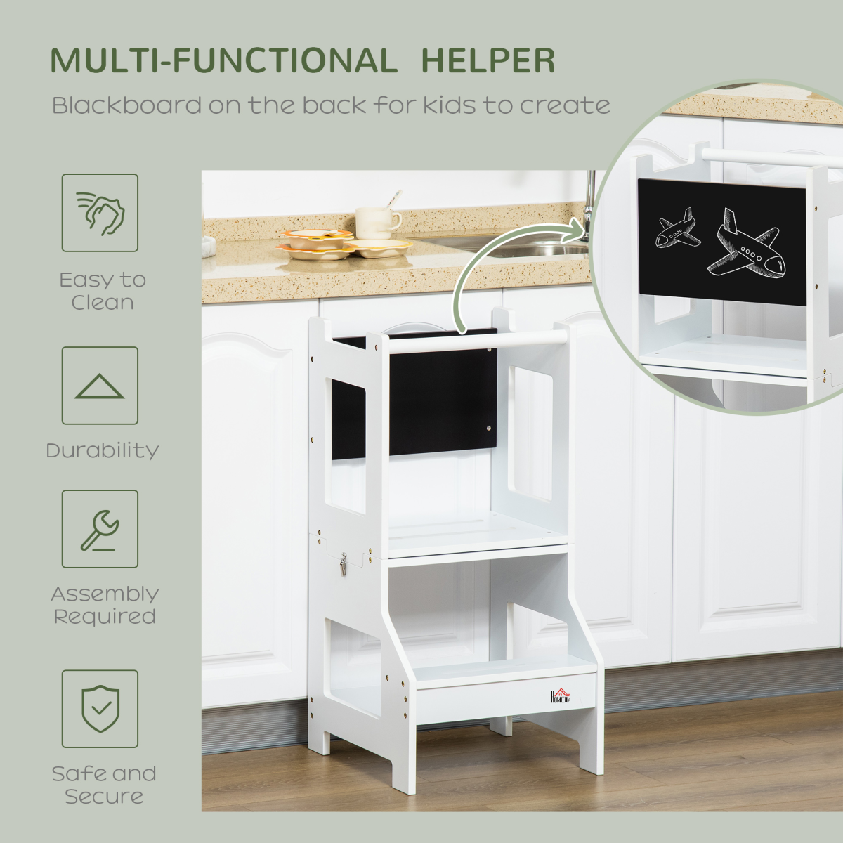HOMCOM 2-in-1 Kids Learning Tower Step Stool with Safety Rail