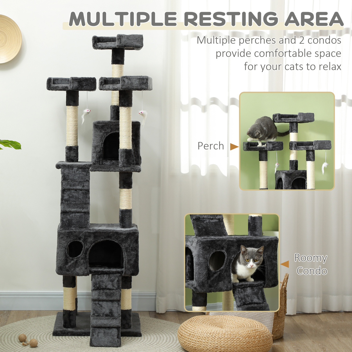 PawHut Cat Tree Scratcher Activity Centre, Condo Scratching Post Toy Bed