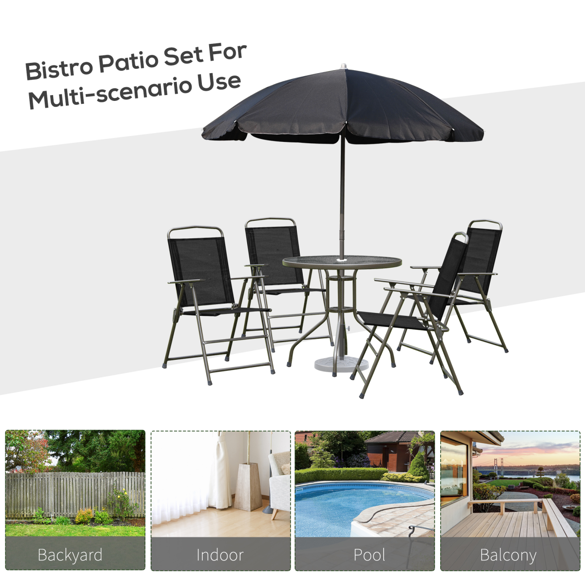 Outsunny 6-Piece Black Outdoor Bistro Set with Round Table, 4 Foldable Texteline Chairs and Parasol