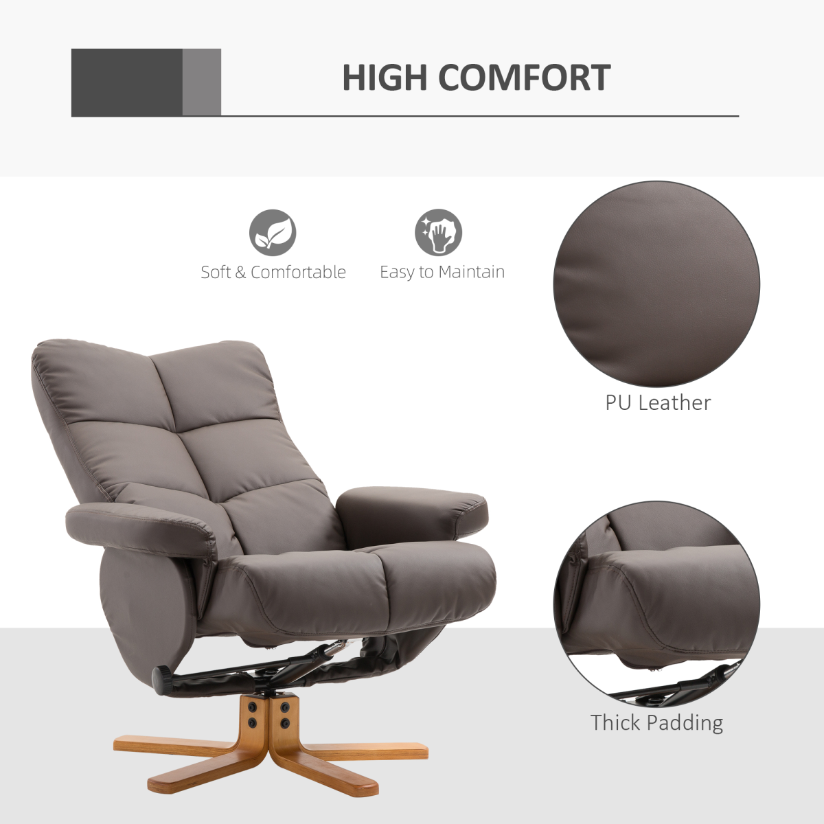 Brown Faux Leather Recliner Chair Set with Ottoman Storage