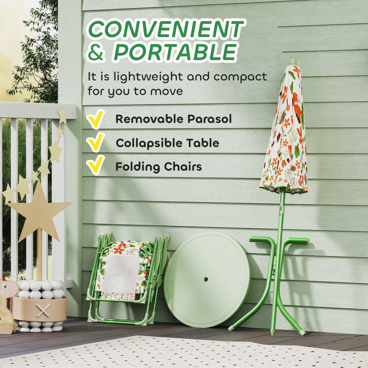 AIYAPLAY Kids 4-Piece Outdoor Furniture Set, Cute Fox Design, Adjustable Parasol, Green