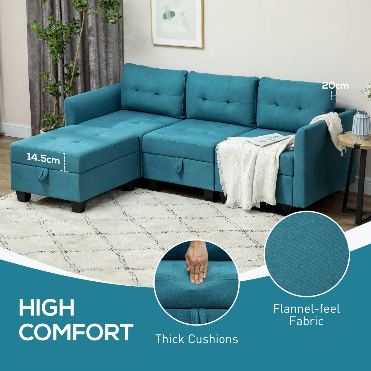 HOMCOM Convertible Modular Sectional Sofa with Storage, Light Blue