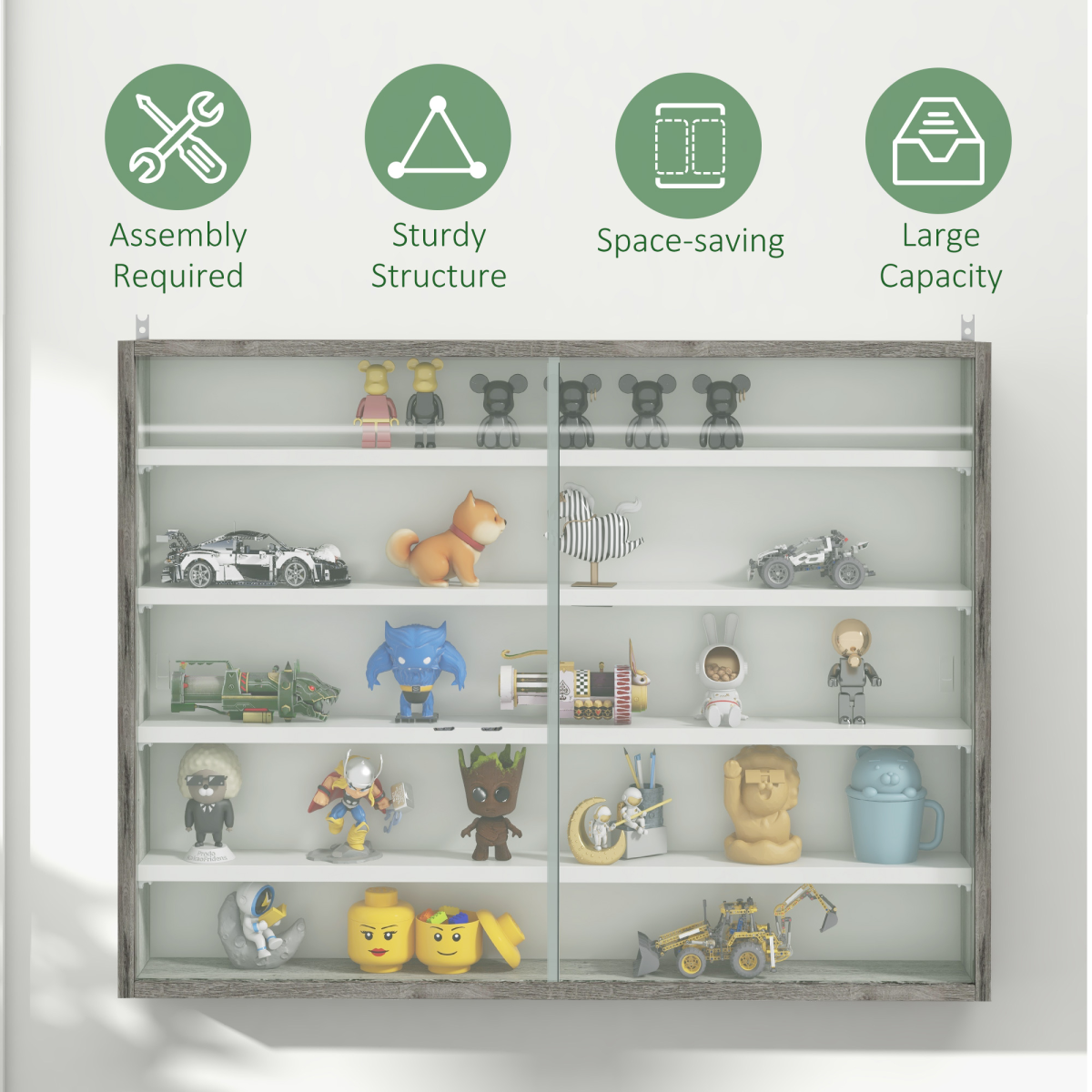 HOMCOM 5-Tier Wall-Mounted Display Cabinet with Glass Doors, Grey