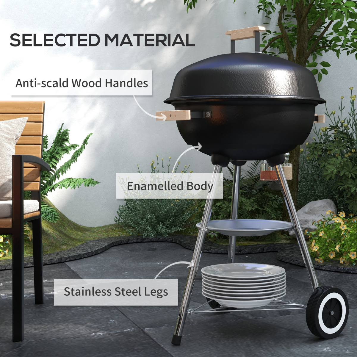 Outsunny Steel BBQ Grill with Porcelain Enamel Lid, One-Touch Cleaning System, Wheels and Bottom Shelf, 85H cm