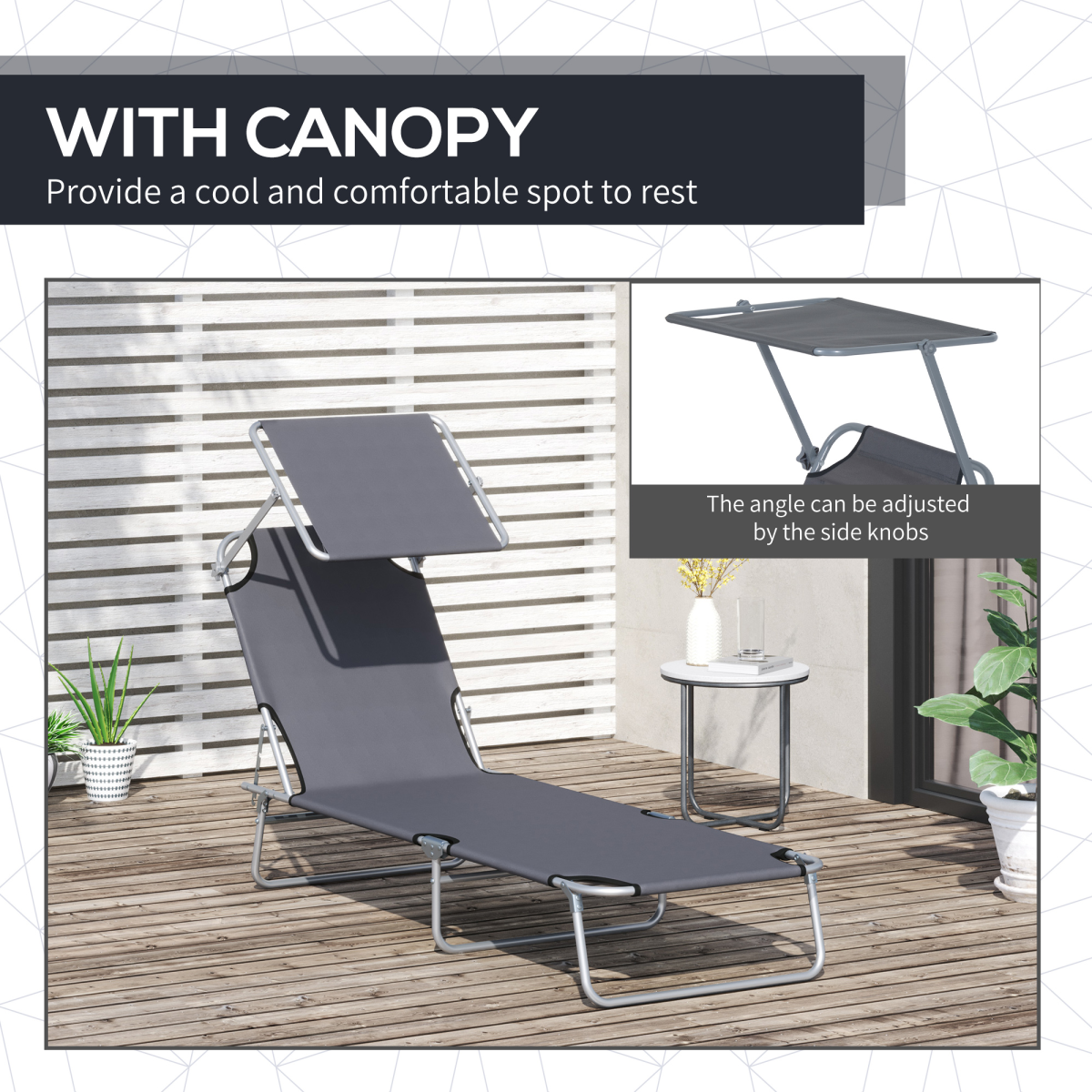 Outsunny Folding Sun Lounger Recliner with Adjustable Awning, Grey