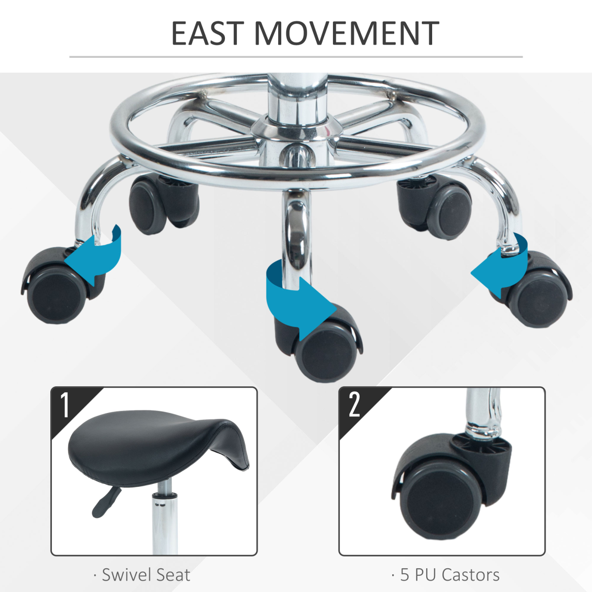HOMCOM Adjustable Saddle Stool with Rolling Castors, Black