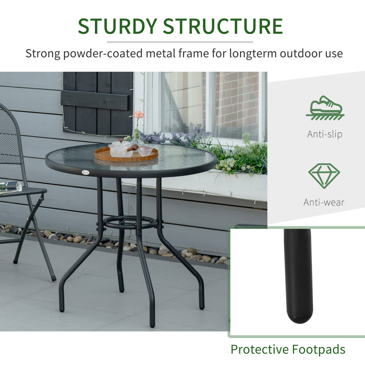 Outdoor Round Dining Table, Tempered Glass Top, Steel Frame, Parasol Hole, 80cm