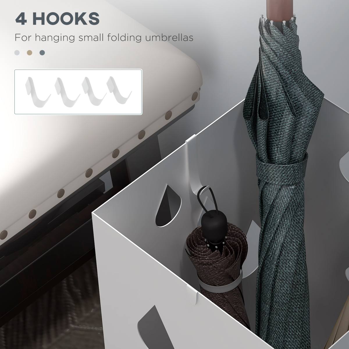 HOMCOM Square Metal Umbrella Stand with 4 Hooks and Drip Tray White