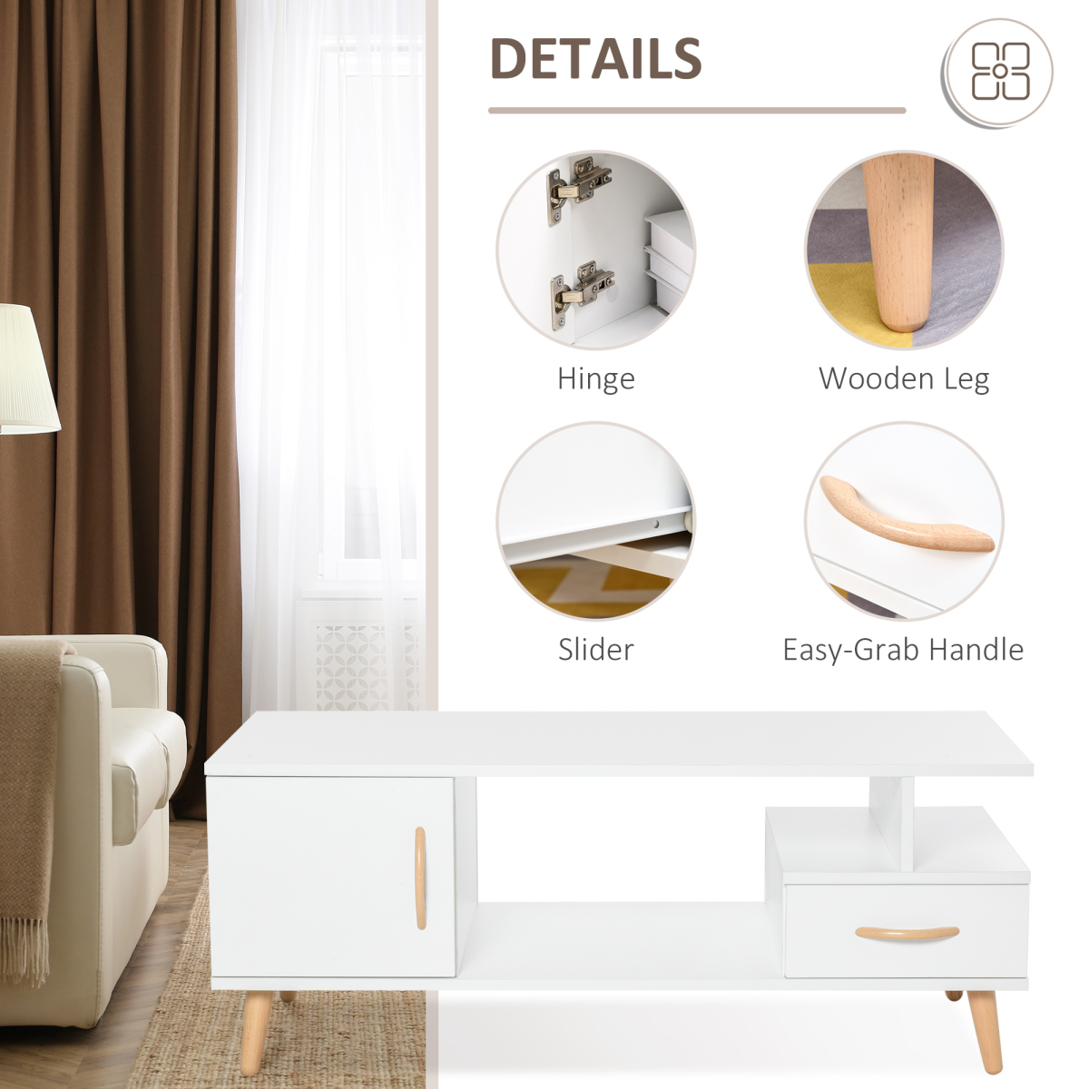 HOMCOM Coffee Table with Storage, White Sofa Side Table with Cabinet, Drawer and Shelf