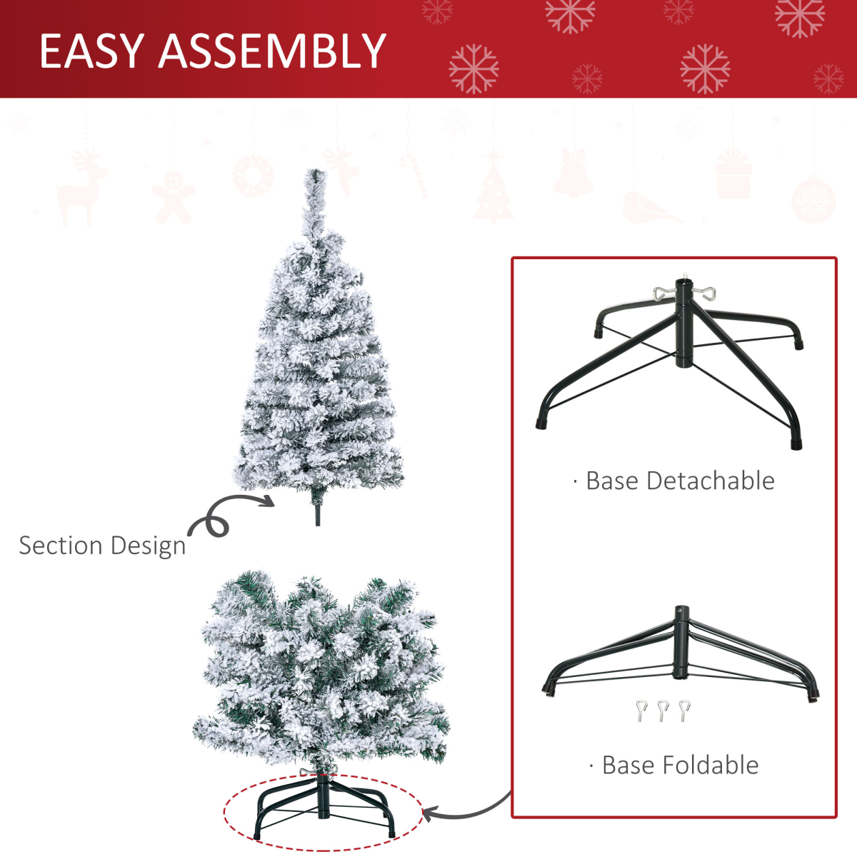 HOMCOM 4ft Prelit Artificial Snow Flocked Christmas Tree with 150 Warm LED Lights, Green and White