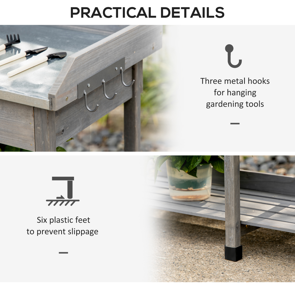 Outsunny Garden Potting Workstation Bench with Galvanized Metal Tabletop, Drawer, Shelves and Tool Hooks