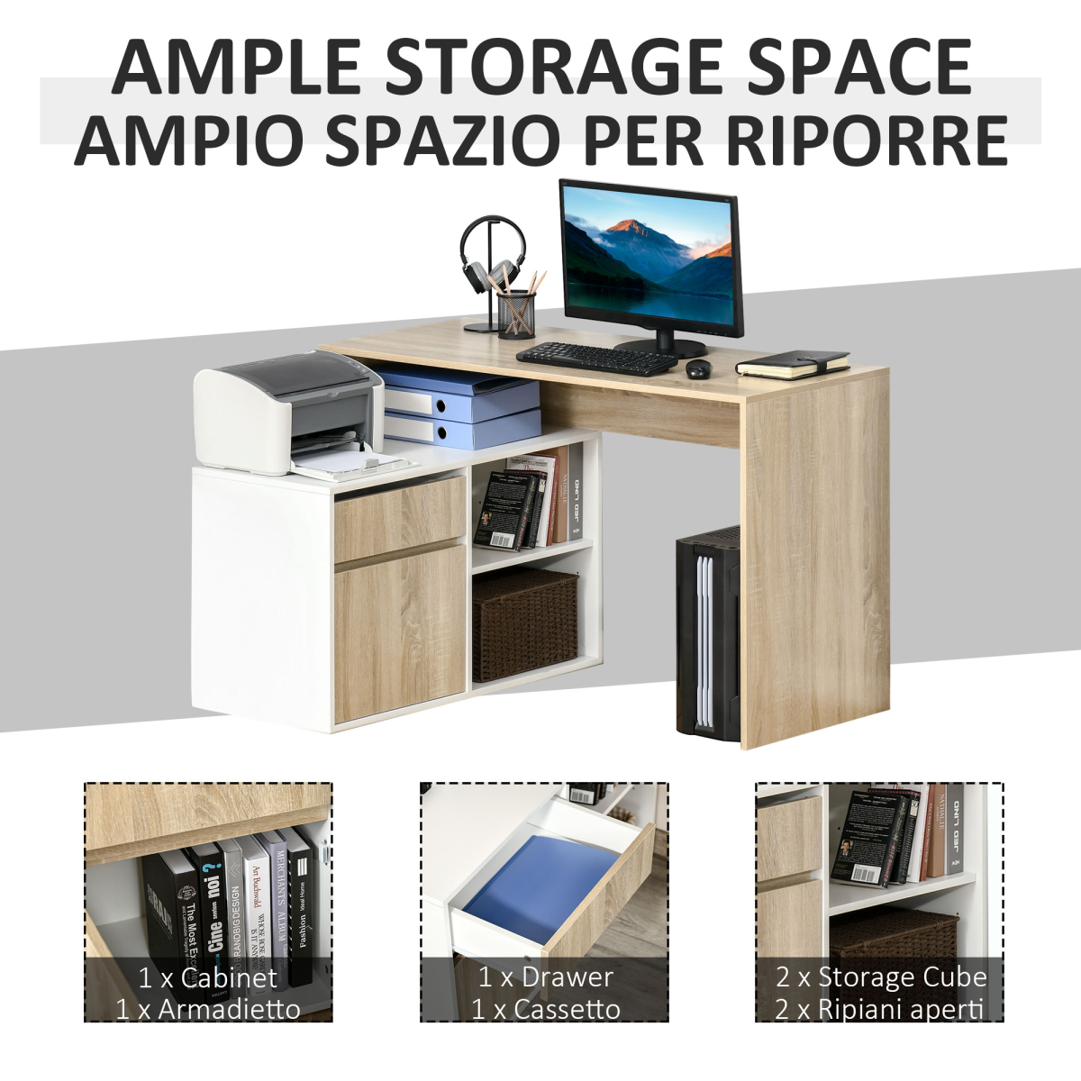 HOMCOM L-Shaped Corner Computer Desk with Cabinet, Drawer and Shelves, Oak and White