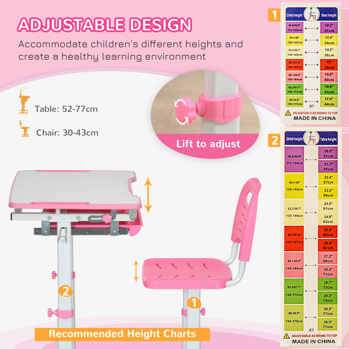 HOMCOM Kids Height Adjustable Desk and Chair Set with Drawer