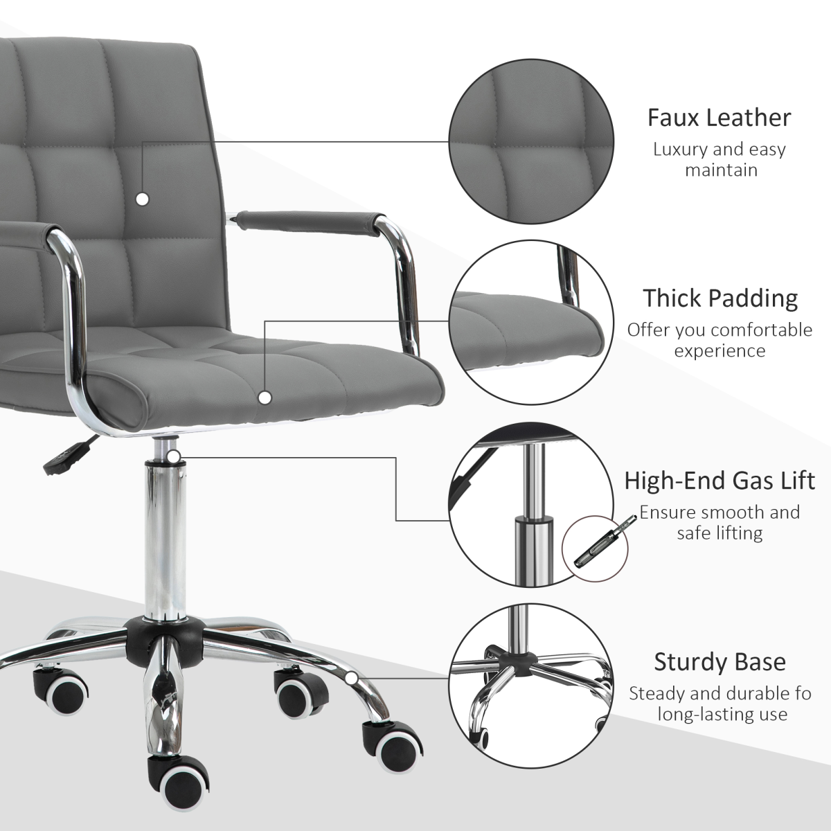 Vinsetto Grey Faux Leather Adjustable Swivel Desk Chair with Arms