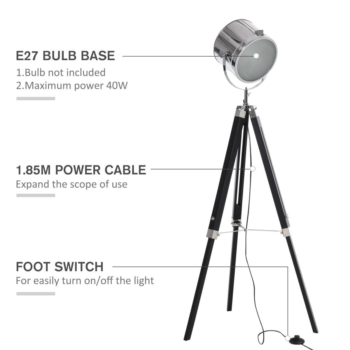 Industrial Adjustable Tripod Floor Lamp with Rotating Searchlight Head