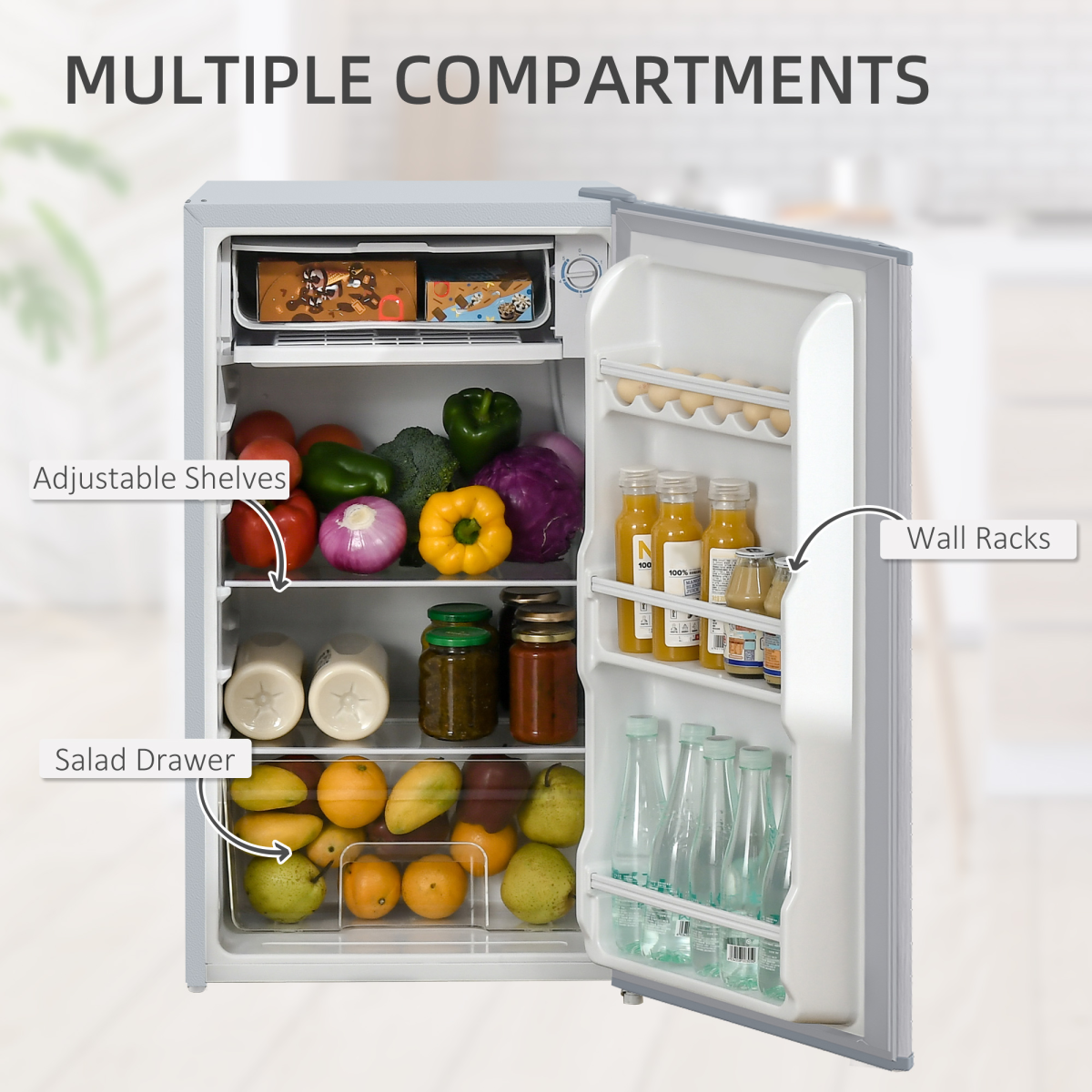 HOMCOM 91L Freestanding Under Counter Fridge, Reversible Door, Grey