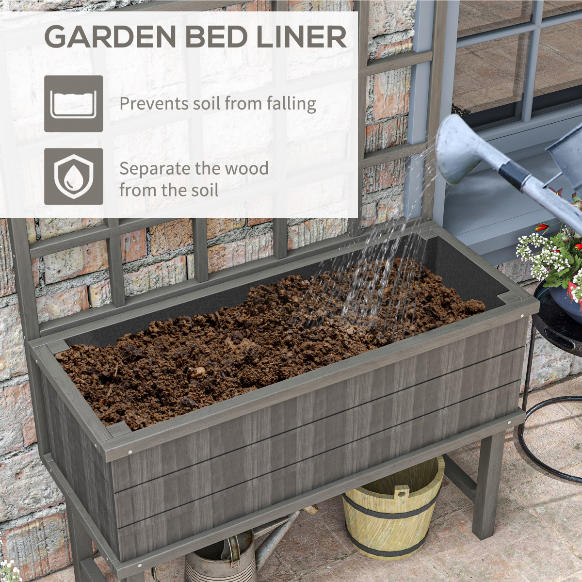 Outsunny Wood Raised Planter with Trellis, Drain Holes, Elevated Garden Bed, Grey