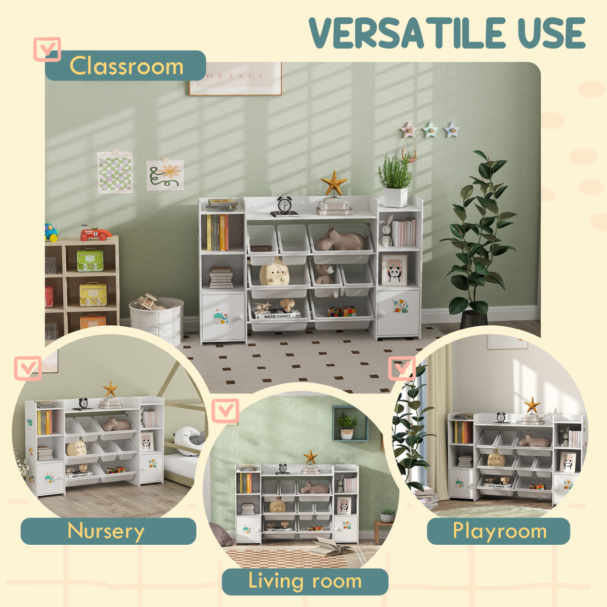 AIYAPLAY Kids Toy Storage Organiser with 8 Removable Bins, White