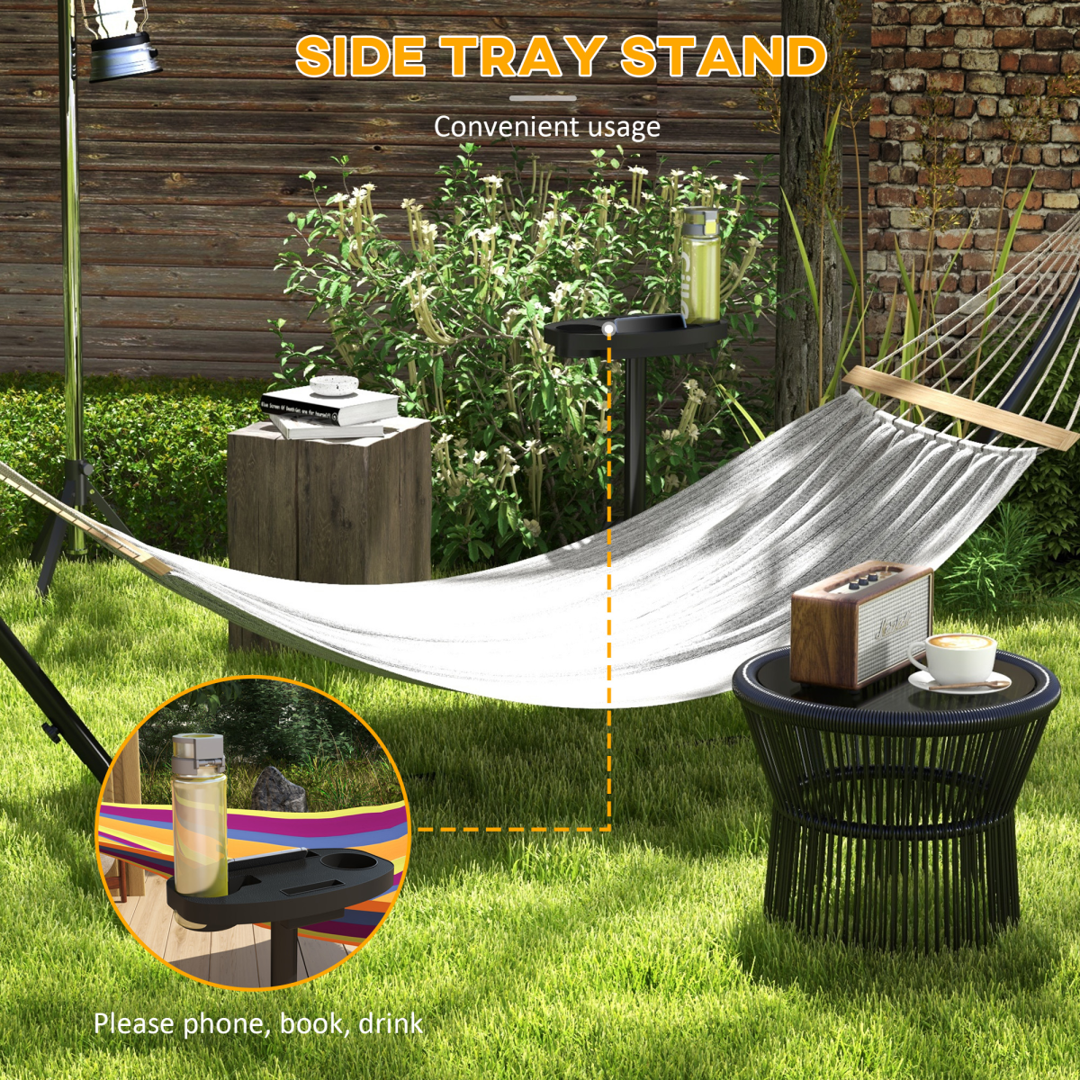 Outsunny Powder-Coated Steel Hammock Stand with Side Tray, Fits Hammocks up to 280 cm, Black