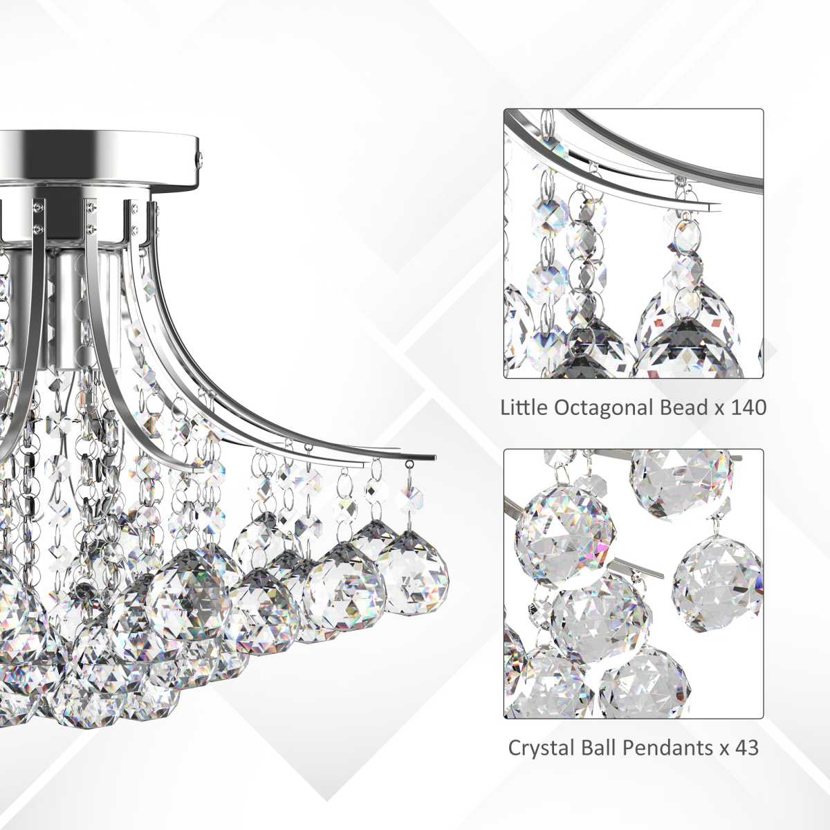 HOMCOM Modern K9 Crystal Chandelier Ceiling Light, 3-Light E14 Flush Mount, 43 Crystal Balls, 140 Octagonal Beads, Bulbs Not Included