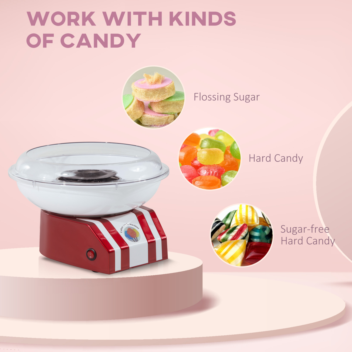 HOMCOM 450W Candy Floss Machine with Stainless Steel Cover, Bamboo Sticks and Aluminium Turntable