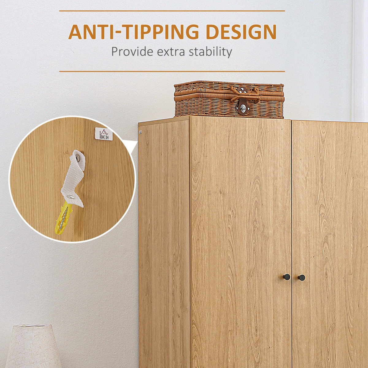 HOMCOM 2-Door Wardrobe with 2 Drawers, Hanging Rail, Bedroom Storage