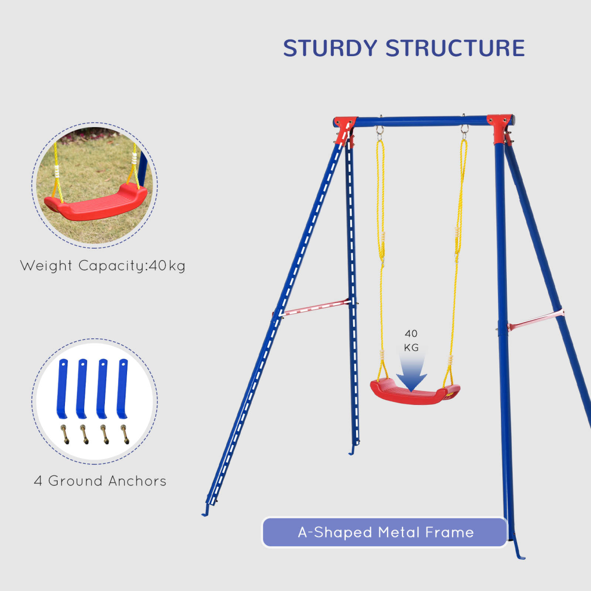 Children's Metal Swing Set with Adjustable Ropes, A-Frame Stand