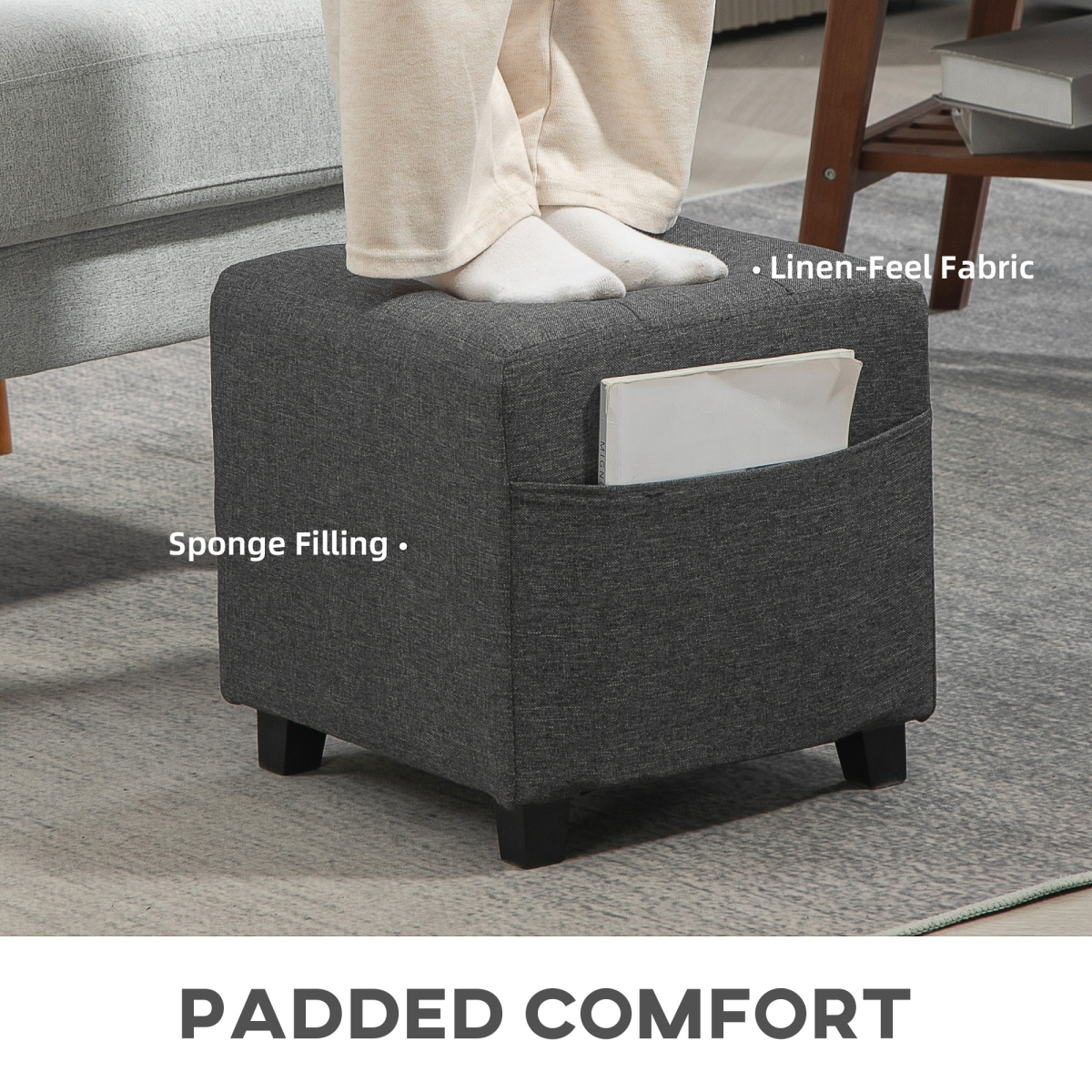 HOMCOM Square Padded Footstool Ottoman with Side Pocket, Grey