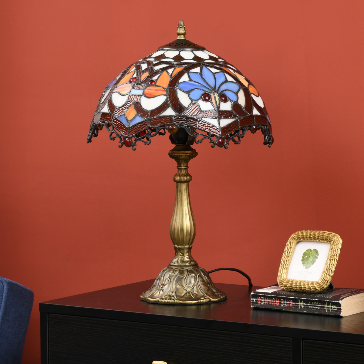 HOMCOM Stained Glass Table Lamp, Antique Sunflower Bedside Lamp, Multi-Colour, E27 Bulb Not Included