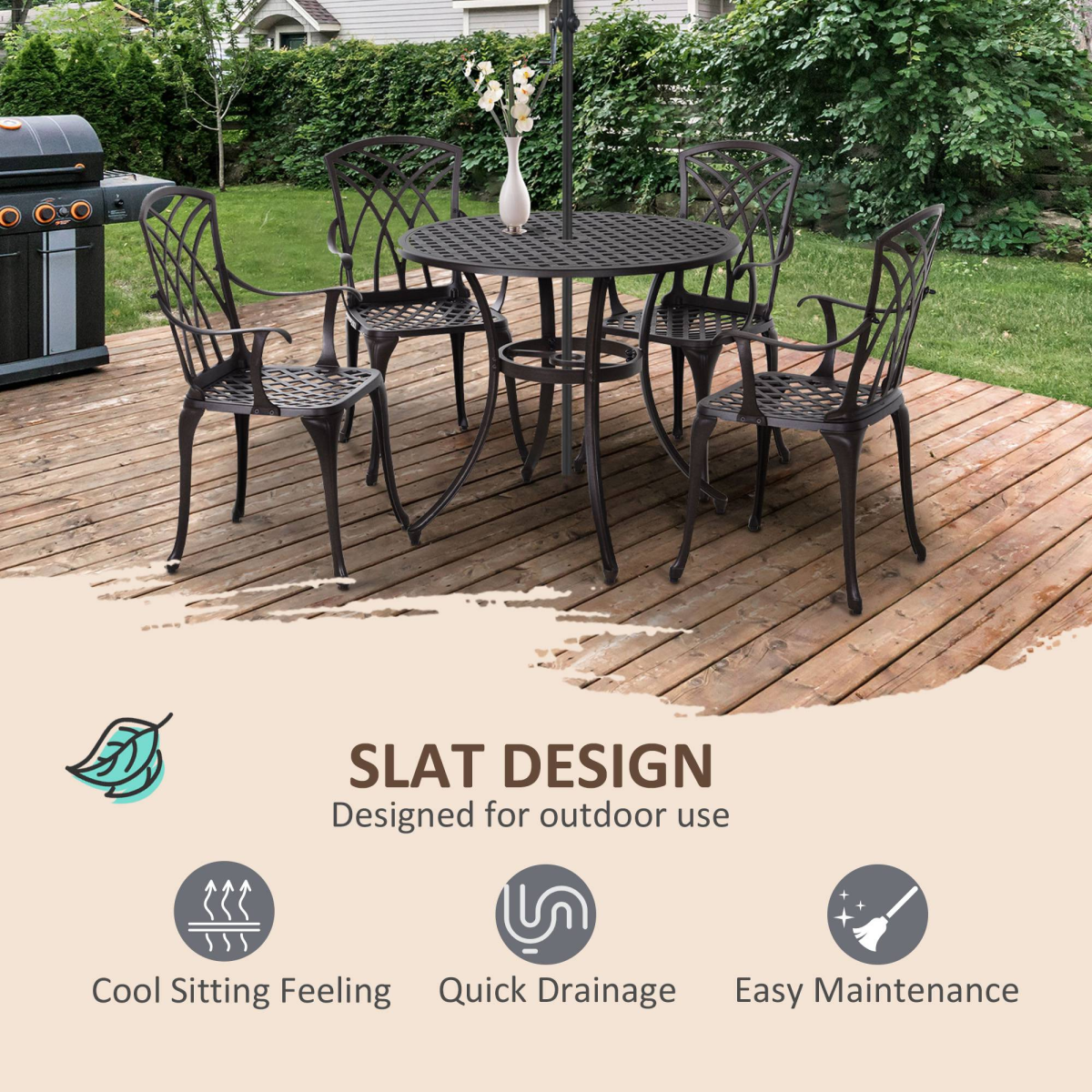 Outsunny 5-Piece Cast Aluminium Outdoor Garden Table and Chair Set Brown