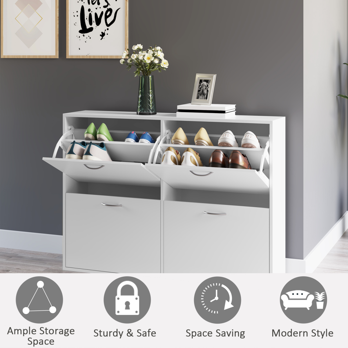 Wooden 4-Drawer Shoe Cabinet with Adjustable Shelves - White