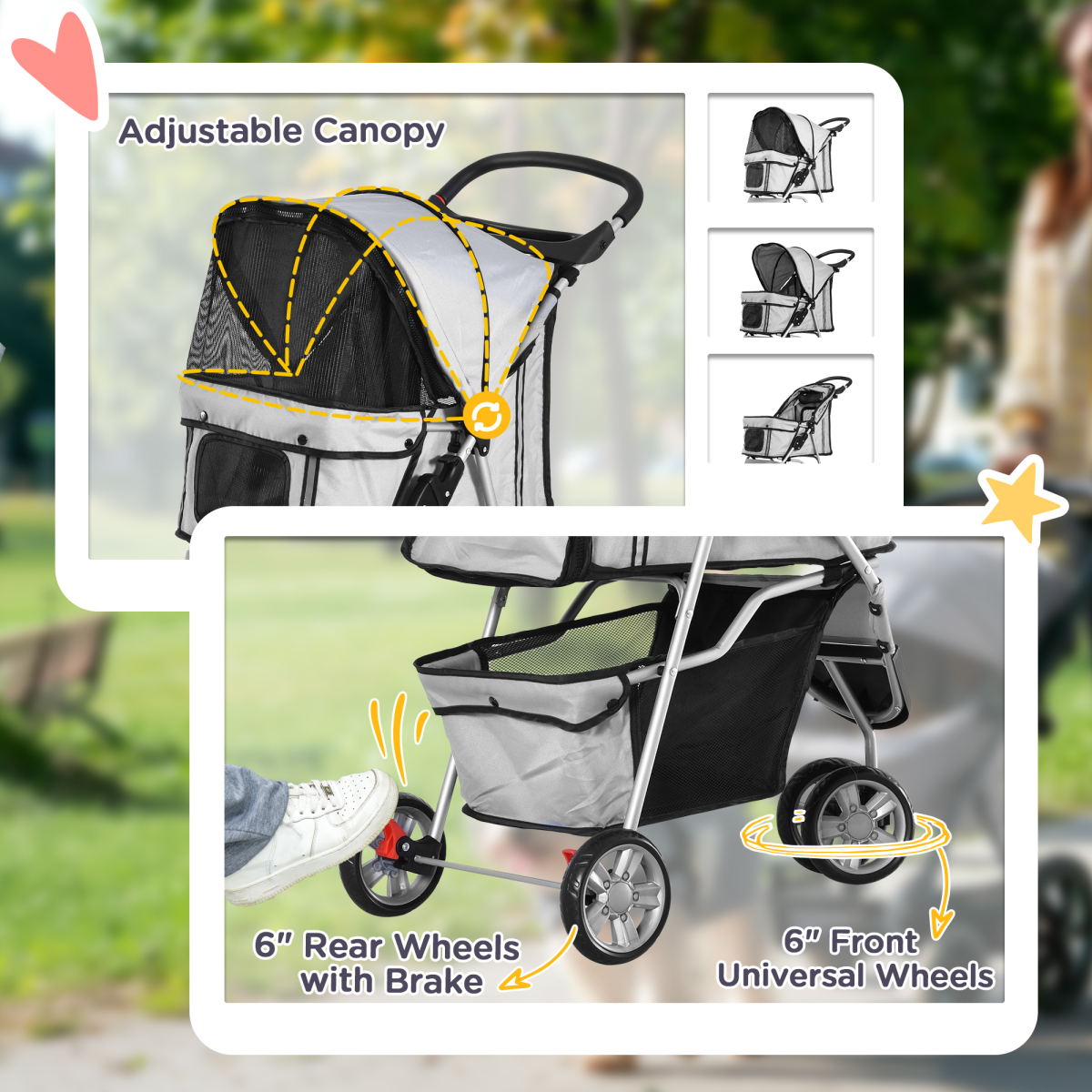 3-Wheel Pet Stroller Pushchair Carrier for Cats and Small Dogs, Grey