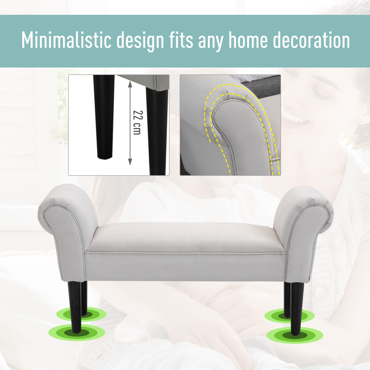 Flannelette Upholstered End Bench with Wooden Legs and Rolled Ends