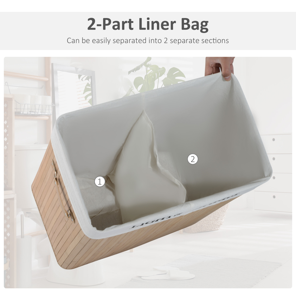 HOMCOM Bamboo Laundry Basket with Lid, Collapsible Storage Bin, Removable Washable Bag, PU Handles