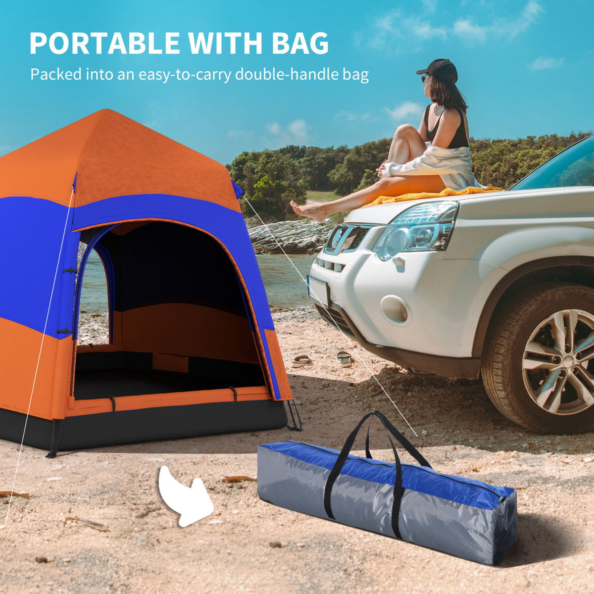 4 Person Pop-Up Camping Tent with Mesh Windows, Stakes & Ropes