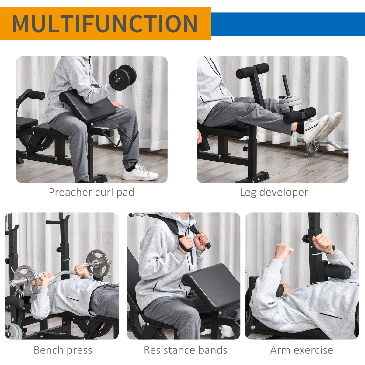 HOMCOM Multi-Function Full-Body Weight Bench with Bench Press, Leg Extension, Preacher Curl Pad and Barbell Rack