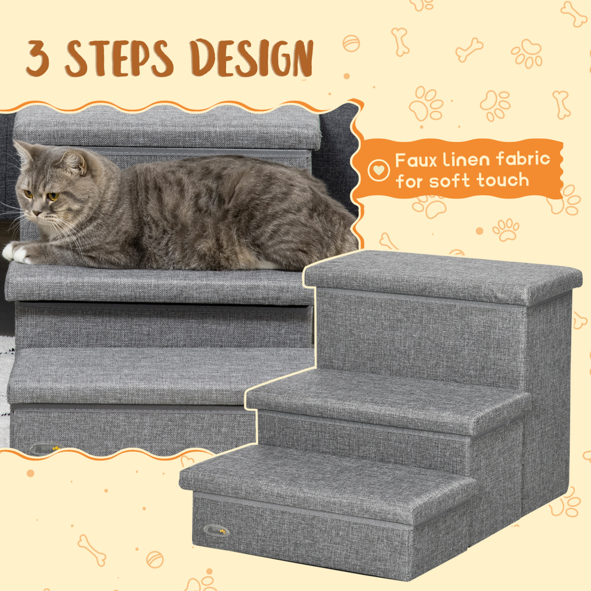 PawHut 3-Step Pet Stairs with Storage Boxes for Bed & Sofa, Light Grey