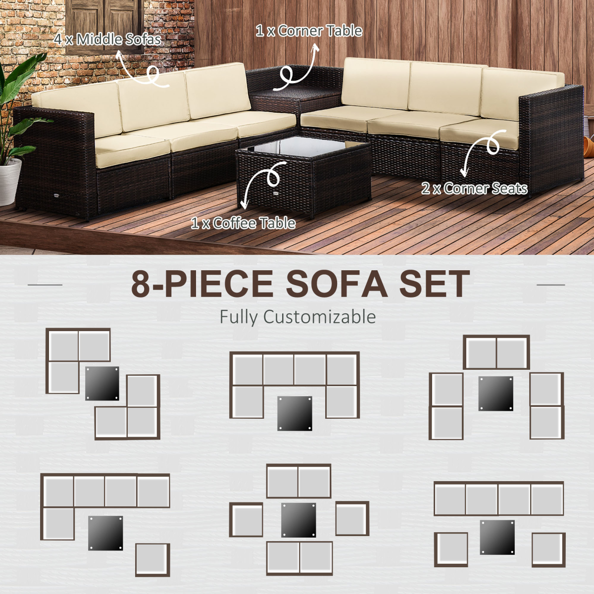 Outsunny 6-Seater Outdoor Rattan Sofa Furniture Set with Cushions, Steel Frame and Tempered Glass Table, Brown