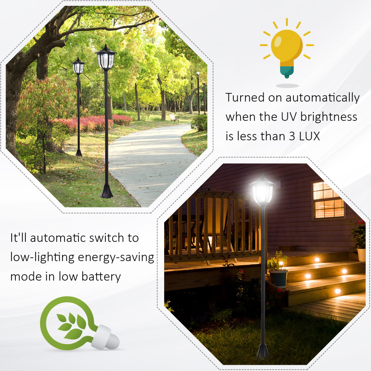 Outsunny 1.77m Black Solar LED Lamp Post with Ground Stake, ABS, IP44, Free-Standing
